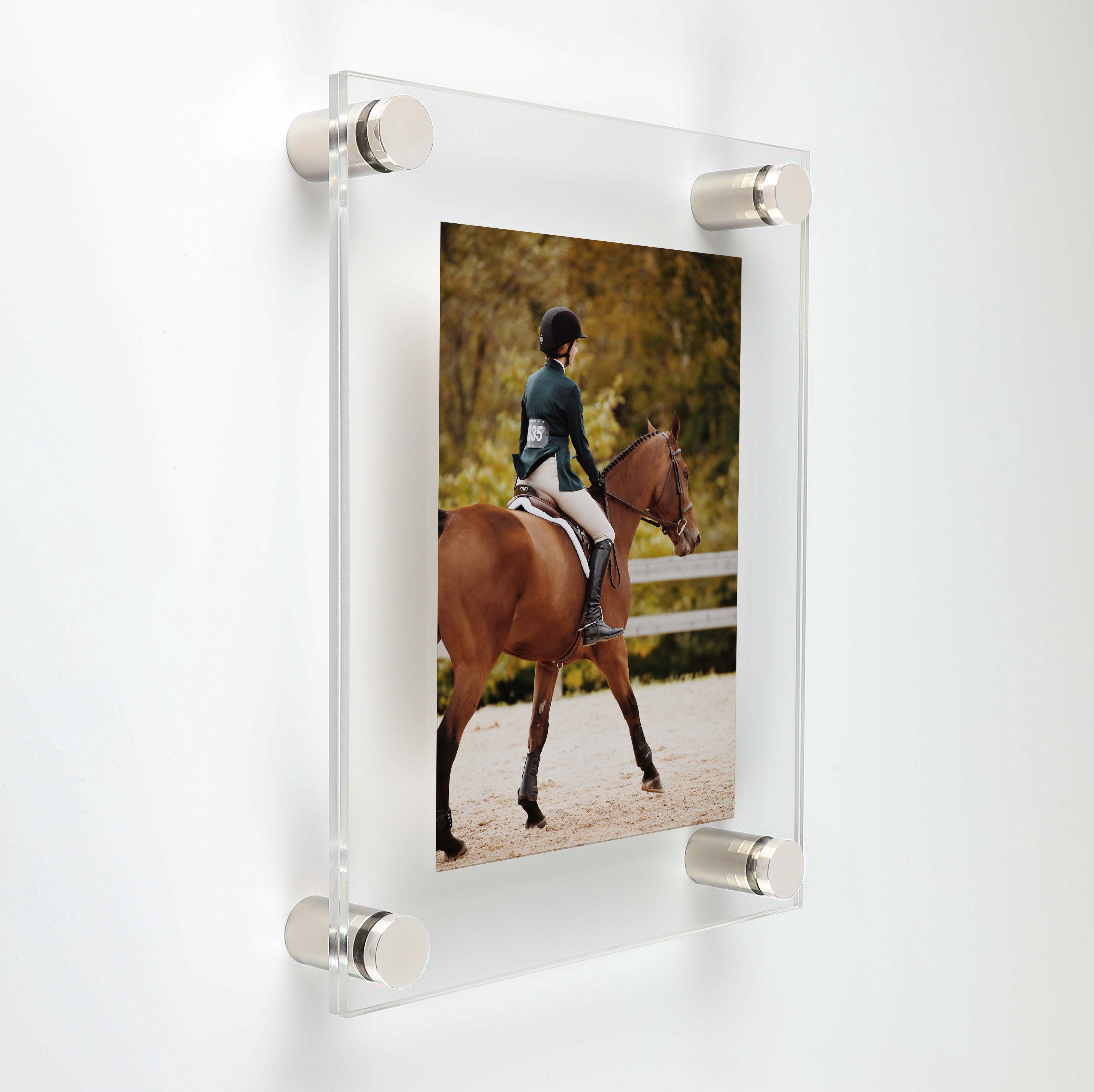 (2) 27'' x 39'' Clear Acrylics , Pre-Drilled With Polished Edges (Thick 3/16'' each), Wall Frame with (6) 3/4'' x 3/4'' Polished Stainless Steel Standoffs includes Screws and Anchors
